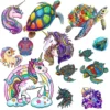 Rompecabezas de madera con diseño de unicornio y tortuga, ideal para adultos y niños, fomenta la concentración y la creatividad.