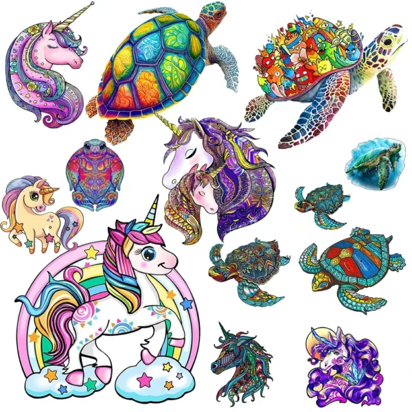 Rompecabezas de madera con diseño de unicornio y tortuga, ideal para adultos y niños, fomenta la concentración y la creatividad.