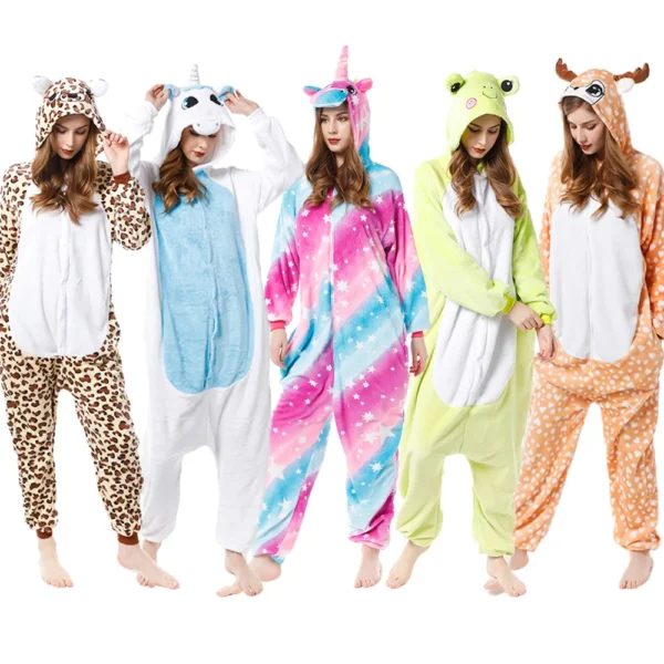 Kigurumi de unicornio y rana para mujer, pijama divertido y colorido, ideal para noches de descanso, fiestas temáticas y días de relax en casa, hecho con materiales suaves y cómodos, disponible en varias tallas.