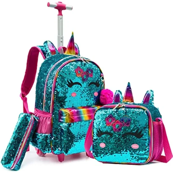 Mochila rodante de unicornio para niñas, colorida y práctica, ideal para la escuela y viajes, con ruedas para fácil transporte y amplio espacio de almacenamiento.