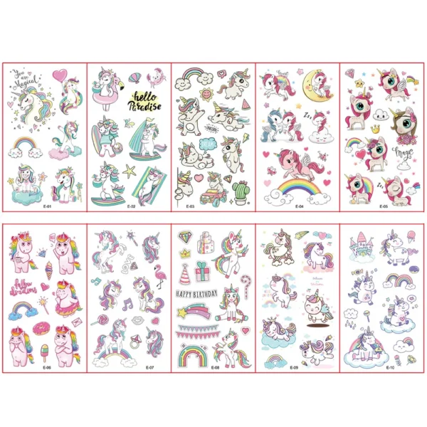 Pegatinas de tatuaje de unicornio para niños, diseños de dibujos animados coloridos y divertidos, ideales para fiestas y manualidades, fáciles de aplicar y quitar, perfectas para añadir magia a la vida de los más pequeños.