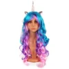 Peluca sintética de unicornio colorida para cosplay y Halloween, ideal para disfraces de niños y mujeres, con diseño vibrante y cómodo, perfecta para fiestas temáticas y eventos.