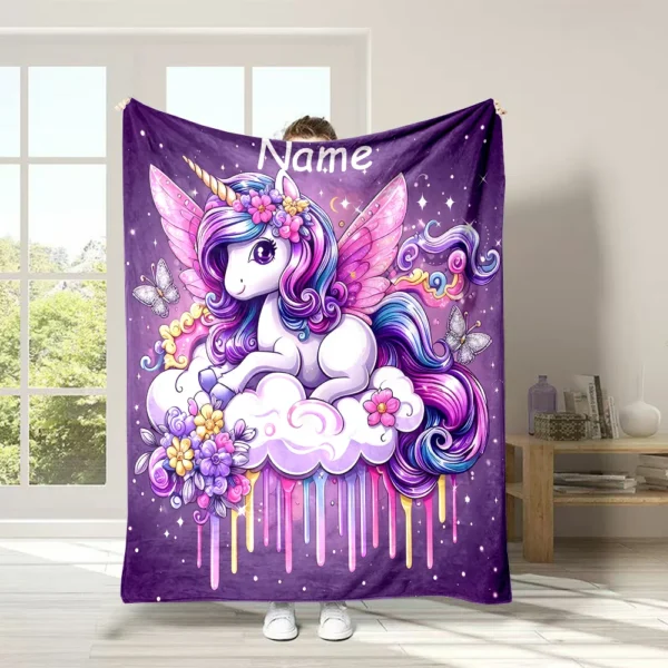 Manta personalizada con diseño de unicornio, suave y acogedora, ideal para adultos y niños, perfecta para momentos de relax y decoración en casa.