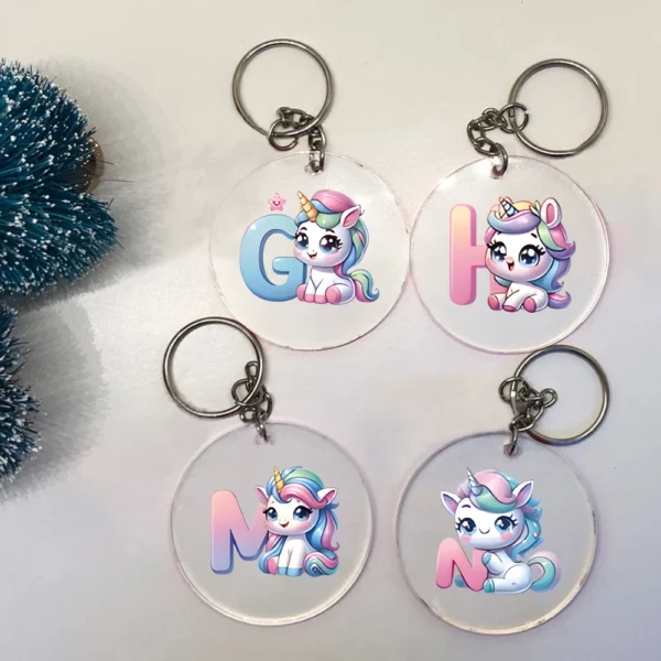 Llavero circular de acrílico con letras de unicornio, colorido y divertido, perfecto como regalo para amigos y seres queridos, ideal para cumpleaños y celebraciones.
