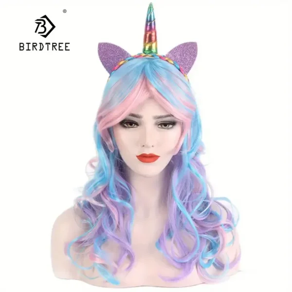 Peluca sintética multicolor de unicornio para cosplay, ideal para disfraces de Halloween y eventos, 24 pulgadas, colores vibrantes, diseño ligero y cómodo, fácil de peinar y mantener.