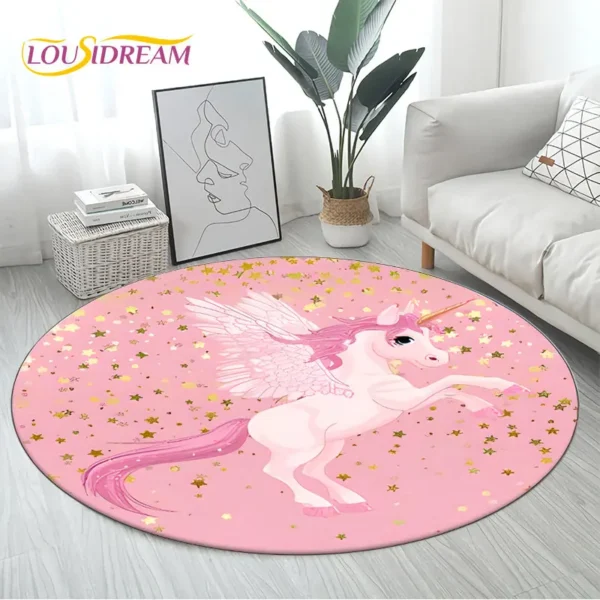 Alfombra redonda 3D de unicornio colorida y mágica para decorar el hogar, ideal para salas de estar y dormitorios infantiles, ofreciendo comodidad y estilo.